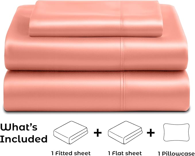 Satin Sheets Twin [3-Piece, Blush Pink] Hotel Luxury Silky Bed Sheets - Extra Soft 1800 Microfiber Sheet Set, Wrinkle, Fade, Stain Resistant - Deep Pocket Fitted Sheet, Flat Sheet, Pillow Cases