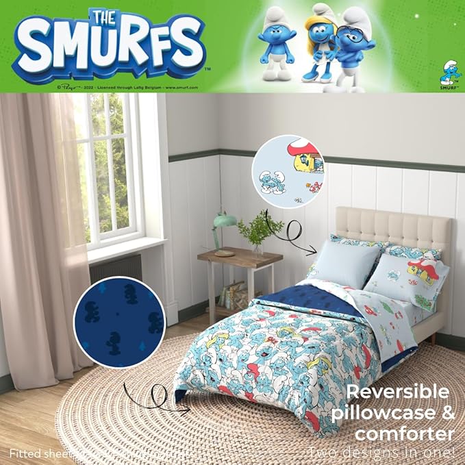The Smurfs Kids Bedding Super Soft & Cozy Reverisble Microfiber Comforter and Sheet Set with Sham, 5 Piece Twin Size, (Officially Licensed Product) By Franco