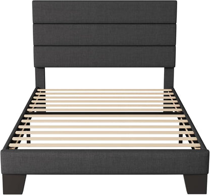 Allewie Twin Size Platform Bed Frame with Fabric Upholstered Headboard Gray | Wooden Slats Support, Fully Upholstered Mattress Foundation, No Box Spring Needed, Easy Assembly, Noise-Free, Dark Grey