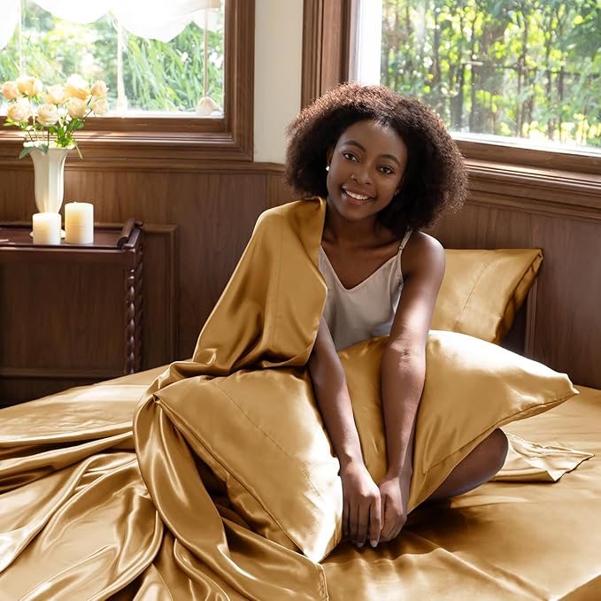 CozyLux Satin Sheets Queen Size Bed Set - 4 Piece Silky Queen Sheet Set, Luxury Gold Queen Sheets with Smooth and Soft Microfiber, Includes 1 Fitted Sheet, 1 Flat Sheet and 2 Pillowcases