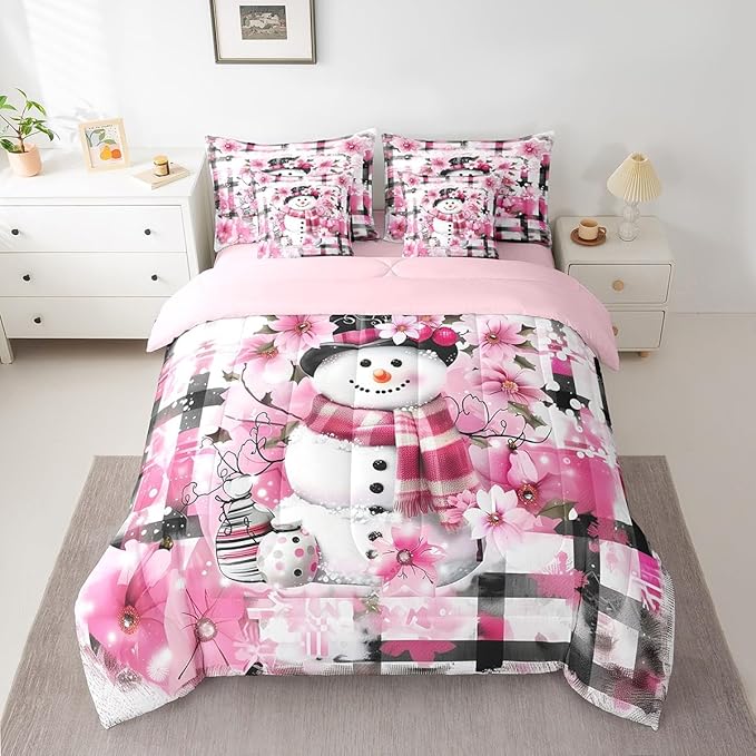 Castle Fairy Kawaii Snowman 7 Pieces Bedding Set King Bed in a Bag,Pink Cherry Blossom Winter Flowers Comforter Set,Modern Abstract Soft Warm Microfiber Bedding