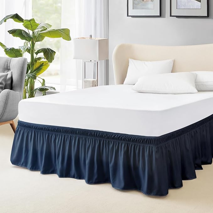 FreshCulture Queen Bed Skirt, Elastic Wrap Around Bed Skirt Queen Size, Bed Skirts for Adjustable Bed, Easy Fit with 18 Inch Drop Length, Hotel Quality Dust Ruffle for Queen Bed (Navy Blue)