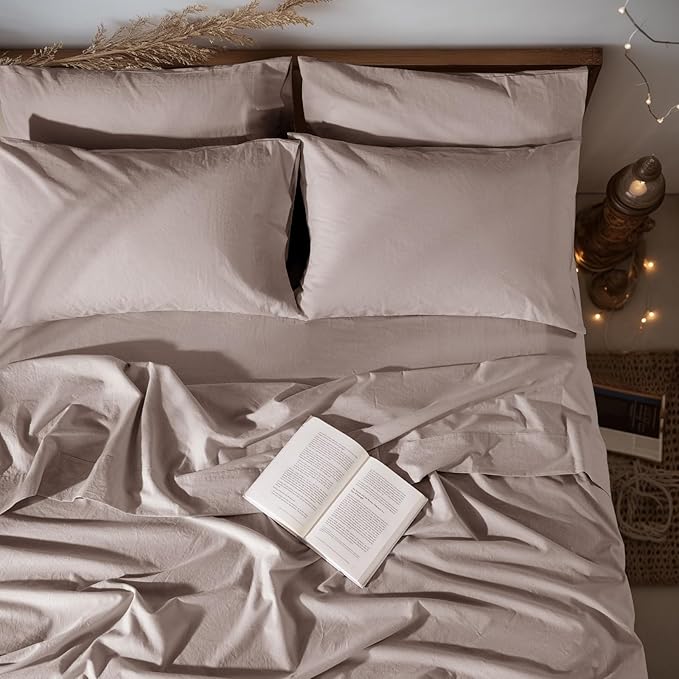 LBRO2M 100% Pure Linen Sheet Set Deep Pocket Up to 16" Bed Sheets Sets, Natural Flax Beddings Soft, Breathable, Comfortable for All Seasons 6 Pcs Sheet Set King Size, Mauve Desert