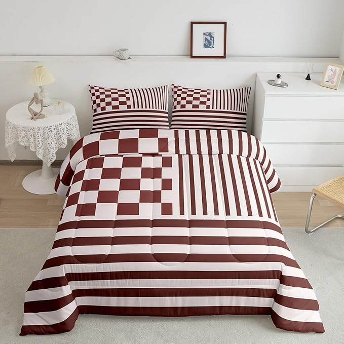 Brown Check Comforter Set Fashion Buffalo Plaid Bedding Set Modern Simple Style Bedding Home Decor Brown Stripes Geometric Comforter King Size Quilted Duvet Set 1 Comforter with 2 Pillowcase