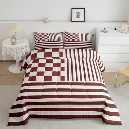 Brown Check Comforter Set Fashion Buffalo Plaid Bedding Set Modern Simple Style Bedding Home Decor Brown Stripes Geometric Comforter King Size Quilted Duvet Set 1 Comforter with 2 Pillowcase