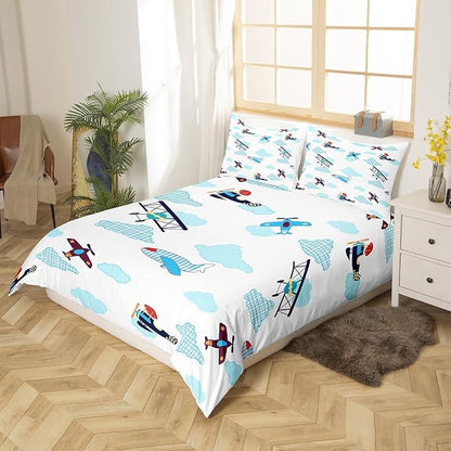 Castle Fairy Kids Aircraft Bedding Set Boys Teens Airplanes Duvet Cover Set Blue White Clouds Comforter Cover Chic Gingham Bedspread Cover Bedroom Quilt Cover 3Pcs King with 2 Pillowcase,No Comforter