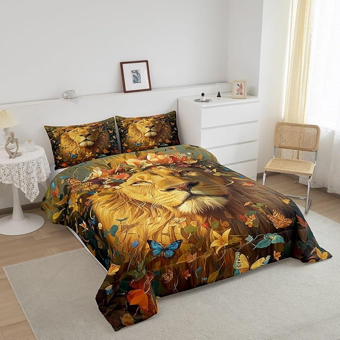 Castle Fairy Wild Lion Bedding Set King Size Spring Flowers Comforter for Child Toddler Teens African Lion Animal Down Comforter Watercolor Butterfly Duvet Insert Bedroom Decor with 2 Pillowcases
