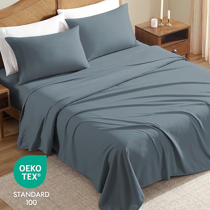 ClevaHome Sheet Set King Size, 4-Piece Bedding, Lightweight & Super Soft Easy Care Microfiber– Shrinkage & Fade Resistant Bedding Set with 14'' Deep Pockets (Slate Blue)
