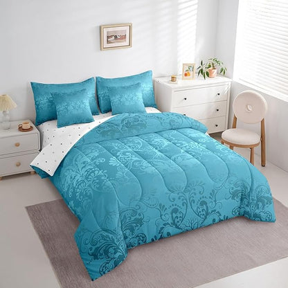 Erosebridal Gothic Damask Bed in a Bag King Size Comforter Set 7 Pieces,Sun Moon Tree of Life Bedding Sets Teal Victorian Floral Goth Sheet Set with Comforter
