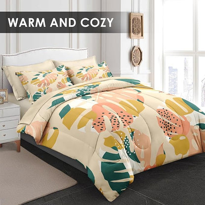 Comforter Set King Size, Monstera Palm Leaf Botanical 7 Pcs Bedding for Kids and Adults, Spring Summer Green Bed Sheet Sets with Fitted Sheet 2 Pillowcase & 2 Sham for Bedroom Bed Decor