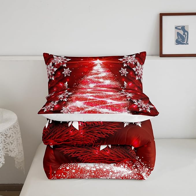 Feelyou Christmas Comforter Set King Size Red Christmas Tree Bedding Set Glitter Snowflake Comforter Microfiber Kids Adults Holiday Winter Duvet Quilt Xmas Room Decor