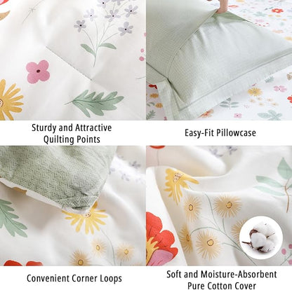 Botanical Cotton Comforter King Size 3Pcs - Colorful Flowers, Berries and Leaves on White, Chevron Sage Green Back, Reversible Lightweight Bedding Sets with Soft Fill(King, 104"×90")