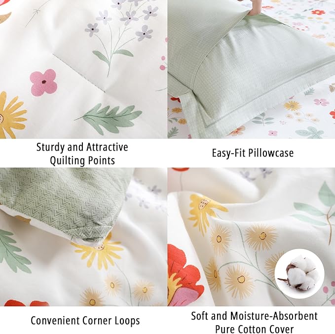 Botanical Cotton Comforter Twin Size 2Pcs - Colorful Flowers, Berries and Leaves on White, Chevron Sage Green Back, Lightweight Bedding Sets with Soft Fill(1 Comfoter, 1 Pillowcase)