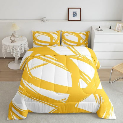 Erosebridal Yellow and White Striped King Bedding Set for Kids Teens Adults, Geometric Striped Comforter Set for Minimalists,Graffiti Aesthetic Lines Duvet Insert,Contemporary Boho Modern Art Quilt