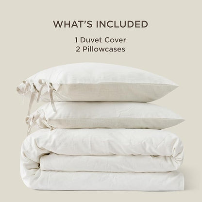Bedsure Striped Duvet Cover Queen Size – Moisture-Wicking Eucalyptus Lyocell, Cotton & Linen Hybrid Comforter Cover Set with Bowknot Ties Closure – GentleSoft™ & Breathable Bedding Set–White