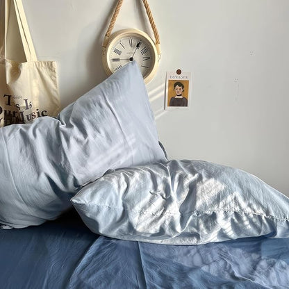 mixinni 100% Washed Cotton Duvet Cover Set Queen Size, Solid Light Blue Ocean Themed Chic Bedding, Soft Breathable Minimalist Comforter Cover with Zipper Closure & Corner Ties-Queen Size
