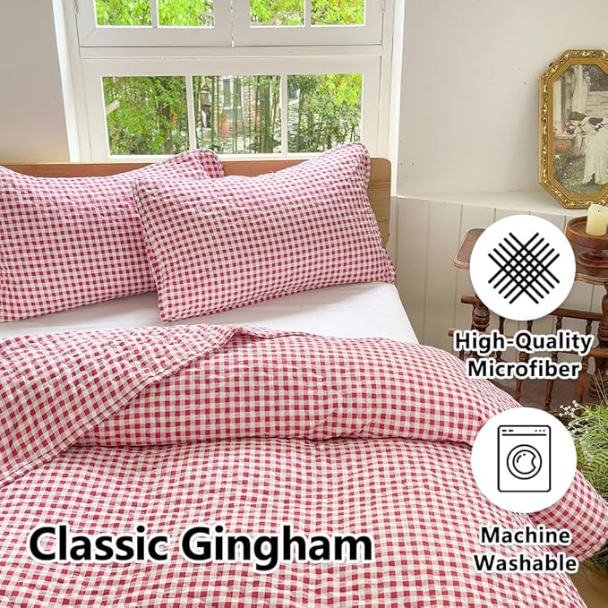 NSNLGSGC Red Gingham Queen Quilt Set, Soft Pre-Washed Microfiber Red Plaid Queen Bedspread, Lightweight Checked Summer Quilt, Grid Bedding Coverlets for All Seasons (Includes 1 Quilt, 2 Pillow Shams)
