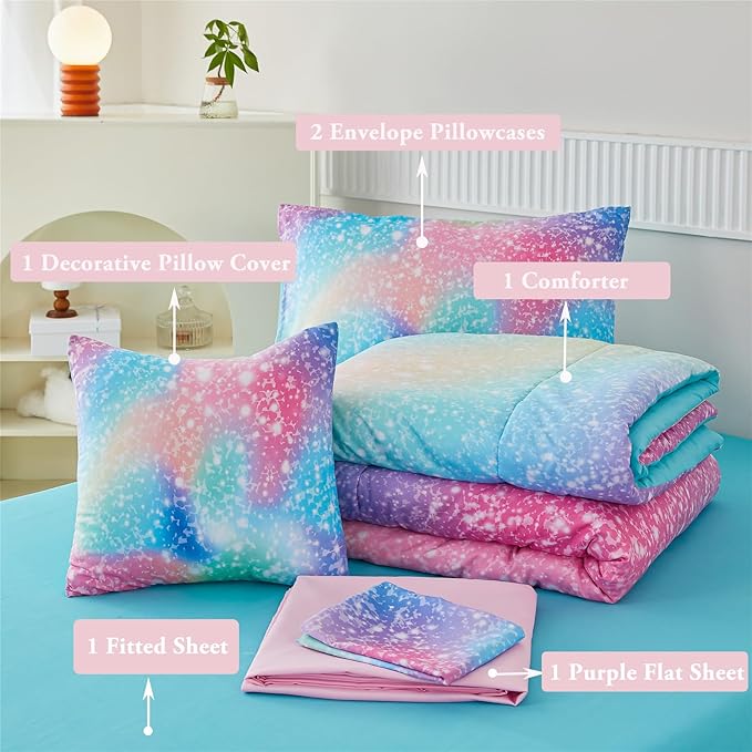 RYNGHIPY Queen Girls Comforter Set Colorful Rainbow Bed in A Bag for Girls Kids 6 Piece Ombre Galaxy Glitter Bedding Set
