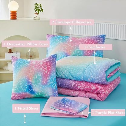 RYNGHIPY Twin Girls Comforter Set Colorful Rainbow Bed in A Bag for Girls Kids 6 Piece Ombre Galaxy Glitter Bedding Set
