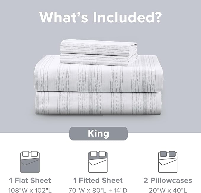 Comfort Spaces 100% Cotton Sheets King, Breathable, Naturally Cool Cotton Sheets, Soft Cotton Bed Sheets with 14" Elastic Pocket Fits up to 16" Mattress, All Seasons Sheet Set, Good Vibes Grey 4 Piece