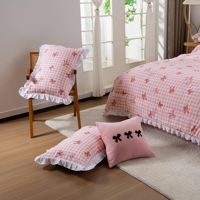 A Nice Night Bow Comforter Set,6 Piece Bed in a Bag with Comforter & Sheet Set,Chic Grid Bowknot Bedding Sets,Princess Themed Bed Sets for Kids Girls,Full