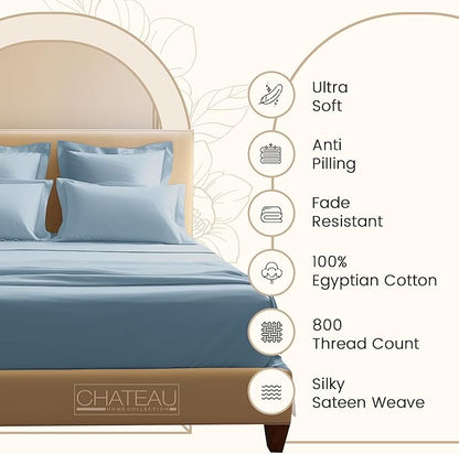 100% Egyptian Cotton Sheets Queen Size Set, 800TC 15" Deep Pocket Queen Sheets Set, Soft Breathable Sateen Weave 4PC Elasticated Sheet & Pillowcase Sets, No Pill & Shrink, Fade Resistant- French Blue