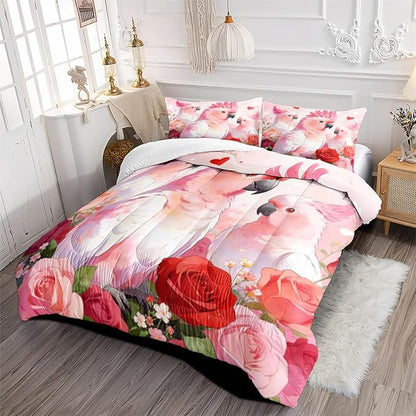 Women Girls Romantic Parrot Comforter Set, Twin Size 2-Piece Pink Roses Comforter Sets, 1 Comforter 68"x 90", 1 Pillowcase, Soft Microfiber