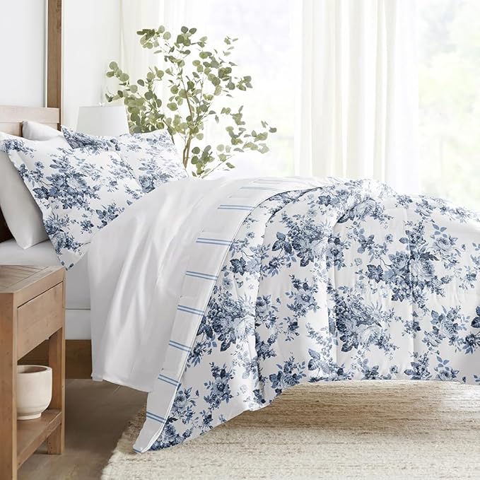 LINENS & HUTCH Comforter Set Patterned Microfiber All Season Down-Alternative Ultra Soft Bedding in Cabbage Rose Stripe - King/Cal-King Cabbage Rose Stripe Stone