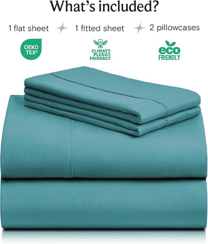 LuxClub 4 PC Queen Sheet Set, Breathable Luxury Bed Sheets, Deep Pockets 18" Wrinkle Free Cooling Sheets Machine Washable Hotel Bedding Silky Soft - Teal Queen