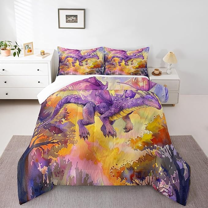 Purple Dragon Bedding Set Full Size,Cartoon Animal Comforter Set for Kids Boys Girls Room Decor,Watercolor Abstract Art Duvet Insert 3Pcs,Jungle Flying Dragon Wildlife Quilt Set,2 Pillowcases