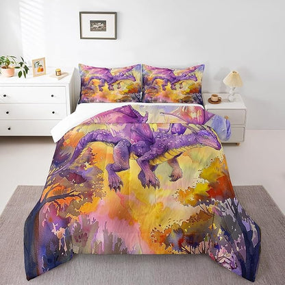 Purple Dragon Comforter Set Twin Size,Cartoon Animal Bedding Set for Kids Boys Girls Room Decor,Watercolor Abstract Art Quilt Set 2Pcs,Jungle Flying Dragon Wildlife Duvet Insert,1 Pillowcase