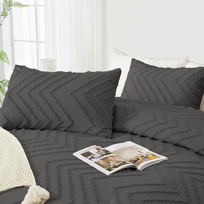 Andency Dark Grey Comforter Set Full Size, Boho Soft Warm Tufted Bedding Comforter Sets for Full Size Bed, 3 Pieces Aesthetic Chevron Farmhouse Cute Bohemian Textured Bed Set