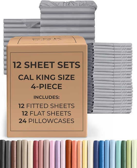 Bulk Case Pack of 12 Sheet Sets - (12) Complete Cal King Size Sheet Sets w/ Deep Pockets - Wholesale Bulk Bedding for Hotels, Spas & Airbnbs - Breathable, Soft & Wrinkle Free - (Cal King, Steel Blue)