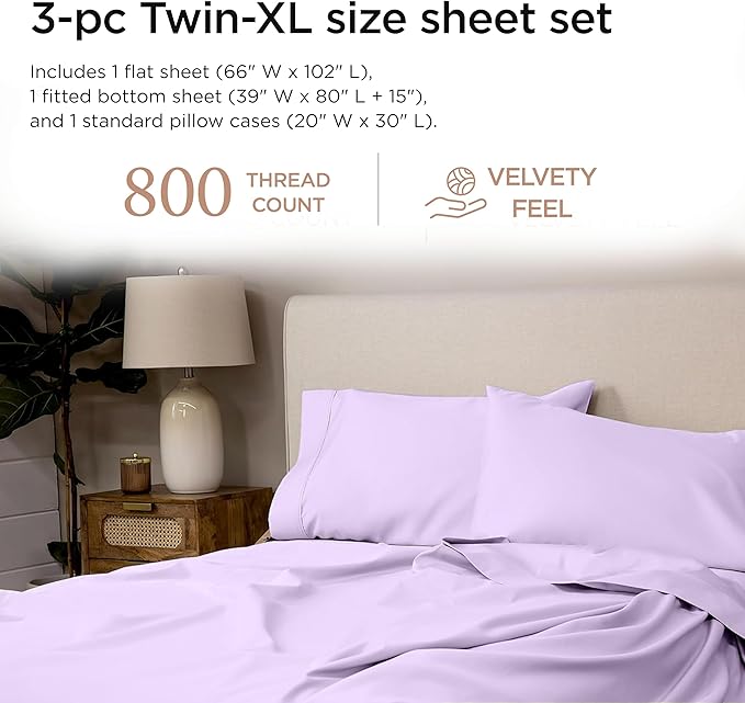 Threadmill Sheets for Twin XL Mattress | 800 Thread Count Twin XL Bed Sheets Set with 15” Deep Pocket | Sateen Weave, Better Than Egyptian Cotton, 3-Piece Bedding Set with Cooling Effect | Lilac
