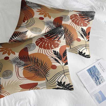 Comforter Set Queen Size, Boho Tropical Leaves Beige 7 Pcs Bedding for Kids and Adults, Bohemian Retro Flower Bed Sheet Sets with Fitted Sheet 2 Pillowcase & 2 Sham for Bedroom Bed Decor