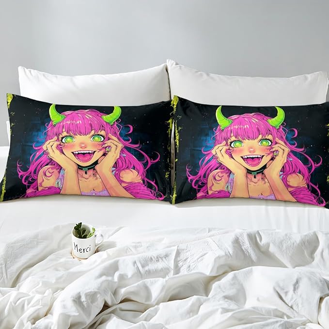 Erosebridal Anime Girl Bed Sheets Twin Size, Japanese Anime Fitted Sheet for Kids Boys Teens Bedroom Decor, Cartoon Girl Bedding Set Kawaii Japanese Animation Bed Set with 1 Pillow Case