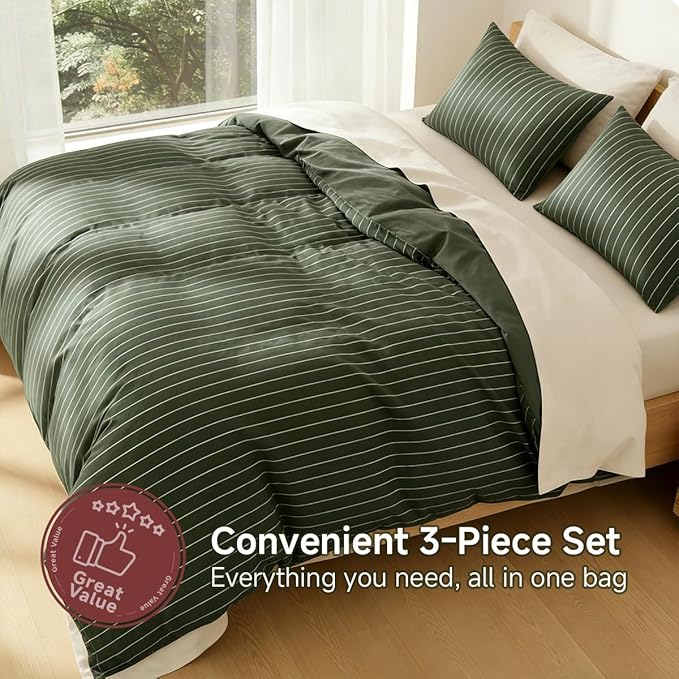 Striped Comforter Set Full Size - 3 Pieces Green White Striped Comforter Bedding Sets Checkered Pattern,Full Bed in a Bag with Stripes Comforter and 2 Pillowcases