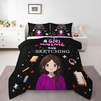 Erosebridal Japanese Girl Bedding Set Anime Cartoon Full Down Comforter Japanese Style Girly Black Comforter Set Aesthetic Cool Anime Modern Art Quilt Set for Kids Bedroom Decor