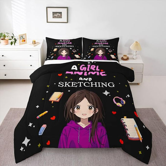 Erosebridal Japanese Girl Bedding Set Anime Cartoon King Down Comforter Japanese Style Girly Black Comforter Set Aesthetic Cool Anime Modern Art Quilt Set for Kids Bedroom Decor