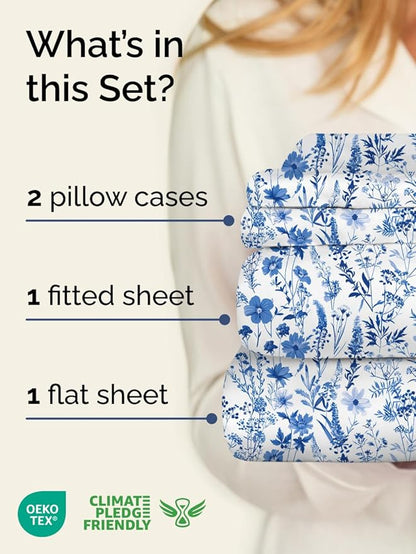 Floral Sheets - White & Blue Bed Sheet Set - 1 Flat, 1 Fitted & 2 Pillowcases w/ Deep Pockets - Comfy, Cozy, Wrinkle & Fade Free - Boho Botanical Bedding - Soft, Breathable & Cooling - Full Size Set