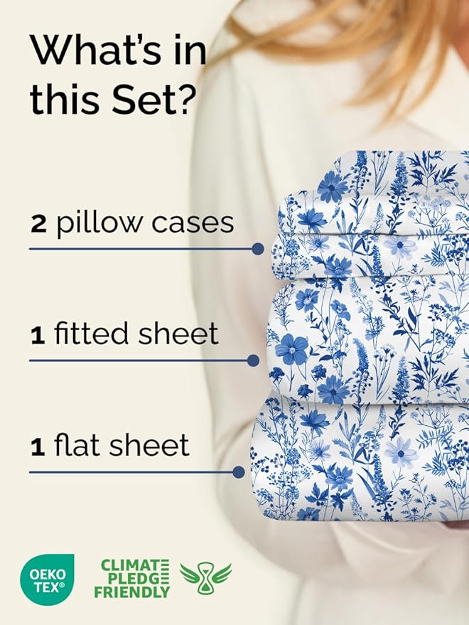 Floral Sheets - White & Blue Bed Sheet Set - 1 Flat, 1 Fitted & 2 Pillowcases w/ Deep Pockets - Comfy, Cozy, Wrinkle & Fade Free - Boho Botanical Bedding - Soft, Breathable & Cooling - Queen Size Set