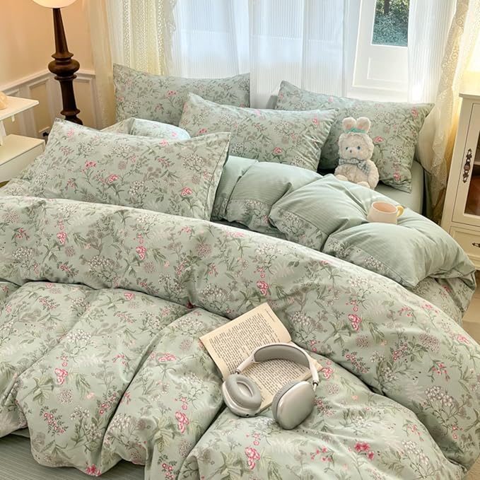 Comforter Set Queen 3 Piecess Green Pink Floral Bedding Set for Girls Kids Colorful Botanical Flower Bedding Soft Breathable Microfiber Sage Green Comforter with 2 Pillowcases