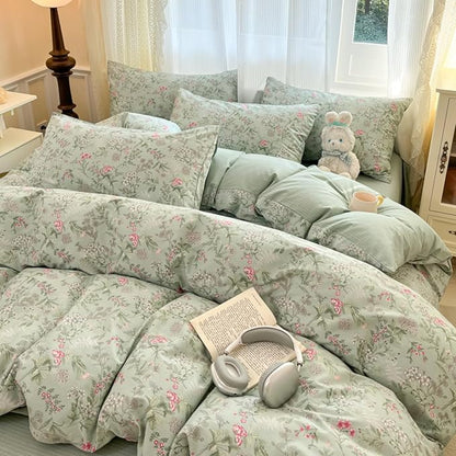 Comforter Set Queen 3 Piecess Green Pink Floral Bedding Set for Girls Kids Colorful Botanical Flower Bedding Soft Breathable Microfiber Sage Green Comforter with 2 Pillowcases