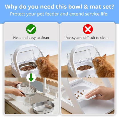 Stainless Steel Bowl Set for Automatic Microchip Cat Feeder, SUS 304 Grade, Sealing Ring to Keep Food Fresh & Reduce Odor, Easy to Clean, Includes 2 Bowls & 1 Mat