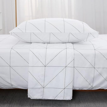 Best Season Bed Sheet Set 3 Pieces -Twin Size-Soft Durable Microfiber Bedding Sheet Set,Deep Pocket,Stain,Fade & Wrinkle Resistant(Geometric White)