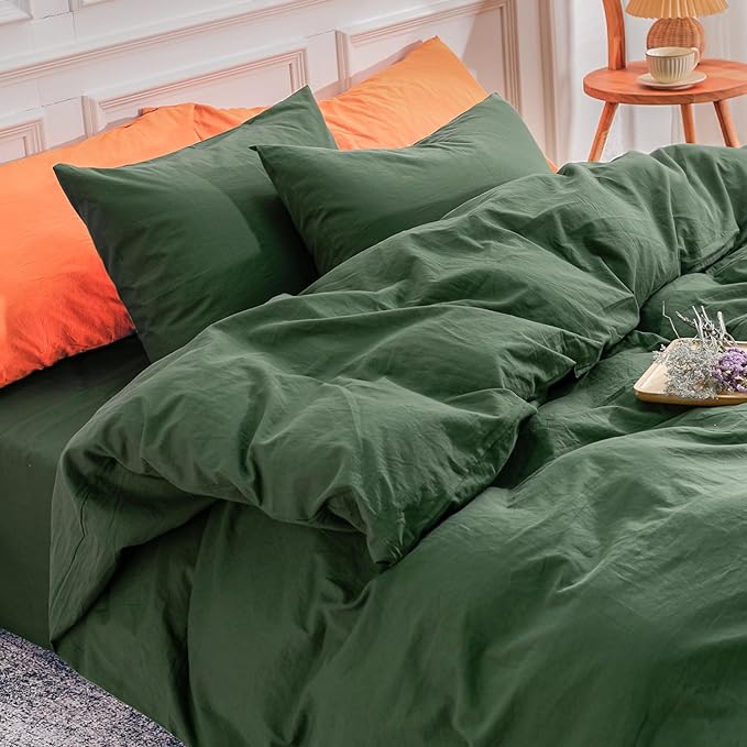 NEXHOME PRO Duvet Cover Set King Size Linen Feel Textured Organic Natural 100% Washed Cotton Duvet Cover 3 Pieces Bedding Set with Zipper Closure, Breathable, Forest Green (No Comforter)