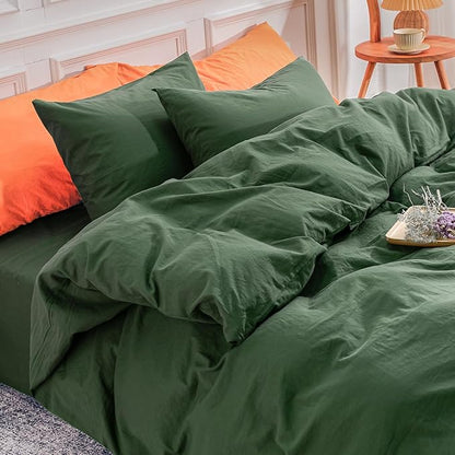 NEXHOME PRO Duvet Cover Set Oversized Queen 98"x98" Linen Look Textured Organic Natural 100% Washed Cotton Duvet Cover 3 Pieces Bedding Set Zipper Closure, Breathable, Forest Green (No Comforter)