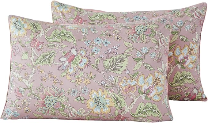 WINLIFE 100% Cotton Pillow Cases Set of 2 Blush Pink Floral Printed Pillowcase Envelope Closure Pillow Cover, Soft & Breathable (Queen, 20'' x 30'')