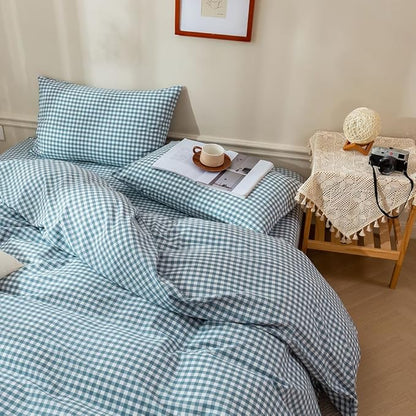 EAVD Blue Gingham Comforter Set Twin XL Soft Fluffy White and Blue Plaid Bedding Set with 2 Pillowcases Modern Grid Plaid Comforter Set Reversible Farmhouse Gingham Bedding Set for All-Season