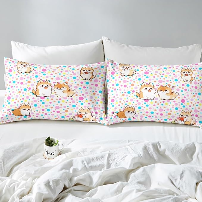 Kawaii Dogs Bedding Set Colorful Polka Dots Duvet Cover Set Cartoon Puppies Comforter Cover Set Cute Pet Theme Bedspread Cover Bedroom Quilt Cover 2Pcs Twin with 1 Pillowcase,No Comforter